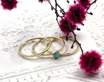 14k Gold Stacking Rings | Set of 3 Hammered Solid Gold Rings | Turquoise Gemstone Textured Stack Rings | Thin Gold Rings | Gift for Her