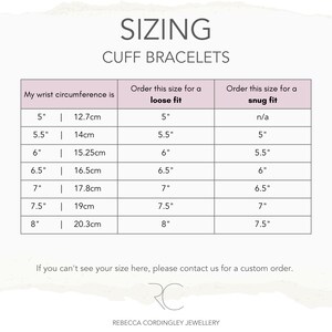 Cuff bracelet size chart for both loose and snug fit cuff bracelets - Rebecca Cordingley Jewellery