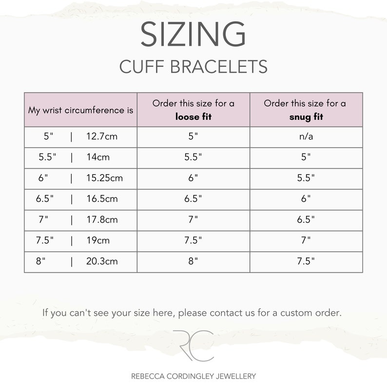 Cuff bracelet size chart for both loose and snug fit cuff bracelets - Rebecca Cordingley Jewellery