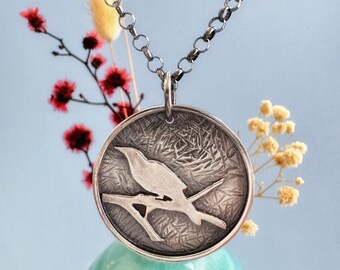 Unique Handmade Bird Necklace, One of a Kind Sterling Silver Crow Pendant, Raven Necklace, Woodland Nature Jewelry, Celtic Pagan Animals