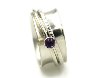 Amethyst Spinner Ring for Women, Solid Sterling Silver Anxiety Ring, Fidget Rings, Meditation Ring, Anniversary Ring, Rotating Ring