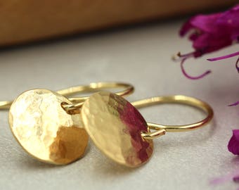 9mm Gold Disc Earrings, Dangle Earrings, 14k Solid Gold Coin Earrings, Gold Earrings, Solid Gold Earrings, Disc Earrings, Drop Earrings