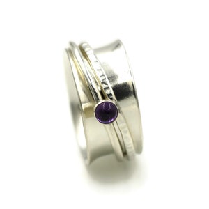 Sterling Silver and Amethyst Anti Anxiety Ring | 10mm Wide Statement Fidget Ring with 2 Spinning Bands