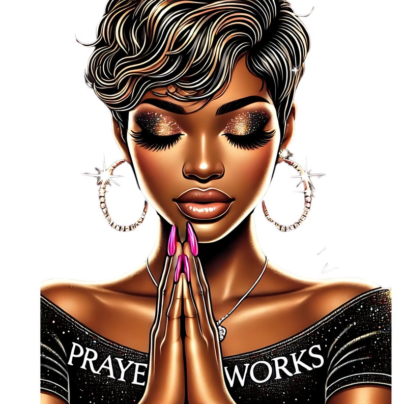 May include: A woman with short, dark brown hair with blonde highlights is wearing large hoop earrings and a black shirt with the text "PRAYE WORKS" on it. She is praying with her hands clasped together.