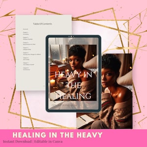May include: A digital download titled "HEAVY IN THE HEALING" with a woman's image on a tablet. The image includes a table of contents and the text "DEFEAT DEPRESSION". The background is pink with gold geometric shapes. The bottom text reads "HEALING IN THE HEAVY".