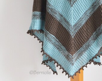 Knitted shawl, triangular, cotton scarf, READY TO SHIP, blue brown shawl, striped shawl, A1145