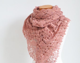 Crochet shawl, pink shawl, peach lace shawl, tweed wrap, lace crochet shawl, A1119