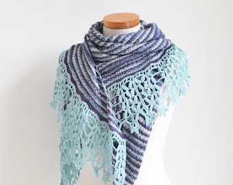 Knitted shawl, asymmetrical triangle shawl, knit scarf, wrap, Pima cotton, wrap, blue purple stripes, READY TO SHIP, R637