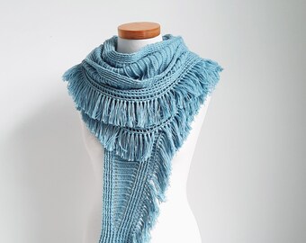 Crochet Triangle Shawl, Aqua Blue Fringe Scarf, Cotton Blend, Z1056