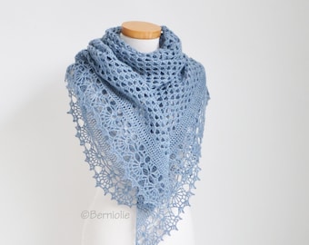 Crochet lace shawl, scarf, lace, blue, wool, READY TO SHIP, Z1043