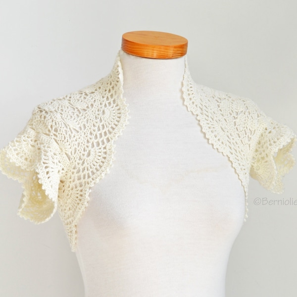 Haussement d'épaules au crochet, boléro, Blanc cassé, mélange de coton, cardigan d'été, haussement d'épaules de mariée, ivoire, manches courtes, 5 tailles, PRÊT À EXPÉDIER, Y996