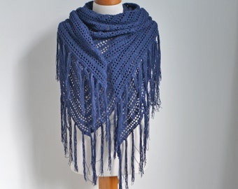 Lace crochet shawl, stole, Navy blue, Cotton, N356