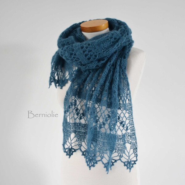 Lace crochet shawl teal blue K30