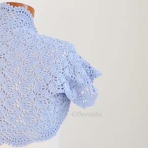 Crochet shrug, Size L, bolero, Ice blue, cotton blend, summer cardigan, short sleeved, READY TO SHIP, B1222