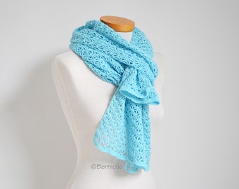 Lace crochet shawl, rectangle,  light blue, cotton scarf, wrap, READY TO SHIP, W841