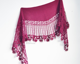 Lace crochet shawl, raspberry red, crescent shaped, READY TO SHIP, Z1111