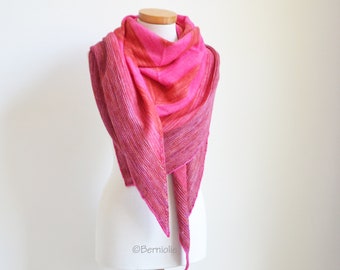 Knitted shawl, triangle, knit scarf, wrap, hot pink, red, striped shawl, symmetrical triangle shawl, READY TO SHIP, Z1083