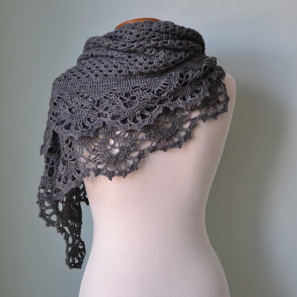 Grey crochet shawl with royal trim  H772