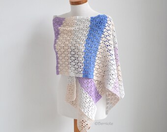 Crochet shawl, rectangle, lilac, blue, light gray, peach, lace scarf/shawl, READY TO SHIP, Z1094