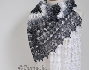 Lace crochet shawl, Black, white, grey,  P425