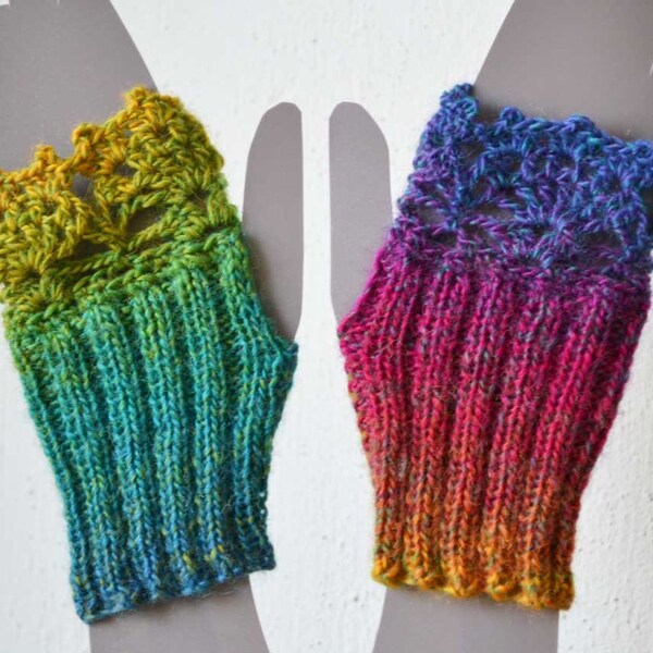 Rainbow fingerless lace knitted gloves wristwarmers for 4 -6 year girl