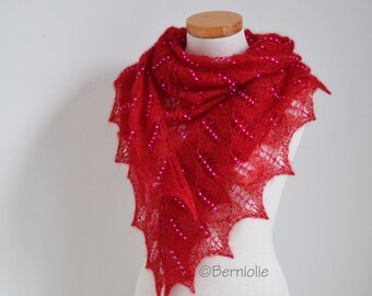 Lace knitted shawl with 1050 hot pink glass beads, red, summer lace shawl, beaded shawl, T798