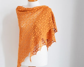 Crochet shawl, orange shawl, orange lace shawl, lace crochet shawl, R663