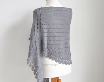 Lace crochet shawl, crescent shaped, grey / gray, silk / cotton blend, READY TO SHIP, Z1107