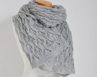 Knitted shawl, rectangle, Grey/gray, lace scarf, winter wrap, mohair shawl, angora scarf, READY TO SHIP, W820