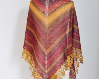 Knitted shawl with golden crochet lace trim, striped shawl, summer wrap scarf, READY TO SHIP, N277