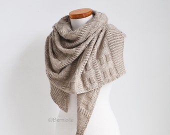 Knitted shawl, asymmetrical triangle, knit scarf, wrap, wool wrap, brown/camel scarf, wool/alpaca blend, READY TO SHIP, A1131