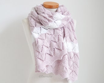 Knitted shawl, rectangle, pink, lace scarf, pink striped with white, READY TO SHIP, Z1105