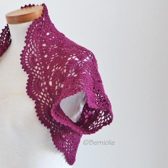 Crochet Lace Shrug, Wine Red Bolero, Cotton Blend (size XL), B1236