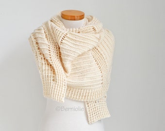 Crochet shawl, triangle, scarf, wrap, wool wrap, creme scarf, cotton/acrylic blend, READY TO SHIP, Z1049