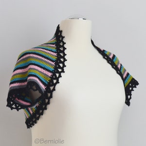 Crochet shrug, striped with black lace trim, summer short sleeved cardigan, size XXL, ready to ship, P465