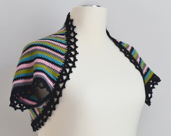 Crochet shrug, striped with black lace trim, summer short sleeved cardigan, size XXL, ready to ship, P465