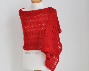 Lace knitted shawl, red, angora wool wrap, fall shawl, ready to ship, R651