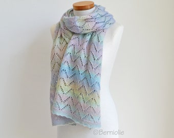 Knitted shawl, rectangle, lace knit shawl, knit scarf, pastel wrap, wool wrap, pastel rainbow scarf, READY TO SHIP, Y995