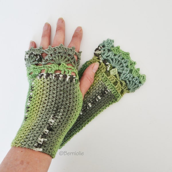 Gants au crochet avec garniture en dentelle, Laine, Nuances de vert, chauffe-poignets, gants sans doigts, chauffe-mains, T766