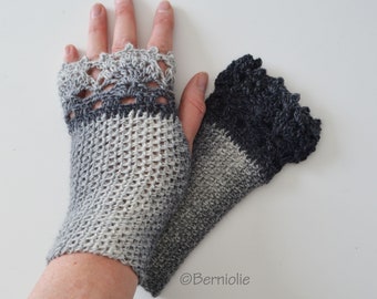 Crochet gloves with lace trim, Wool, Shades of gray, wrist warmers, fingerless gloves, handwarmers, T753