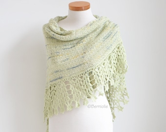 Knitted shawl, asymmetrical triangle shawl, knit scarf, wrap, pima cotton, wrap, soft light green, READY TO SHIP, R635