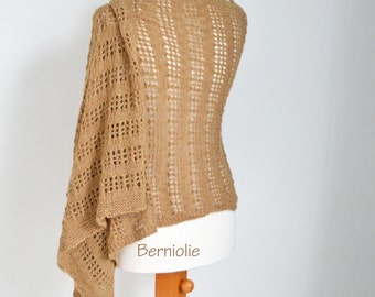 Lace knitted shawl, Camel/alpaca, Light Brown, rectangle wrap scarf, READY TO SHIP, N354