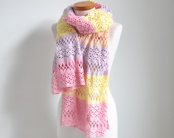 Crochet shawl, rectangle, lilac, yellow, pink, peach, lace scarf/shawl, READY TO SHIP, A1136