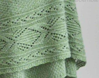 Knitted shawl, cotton/wool/alpaca blend, with lace/textured border, green, X941