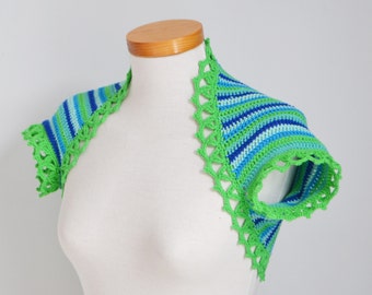Gehaakt schouderophalen, groen en blauw, handgemaakt zomerkatoen vest, korte mouwen, klaar voor verzending, P464