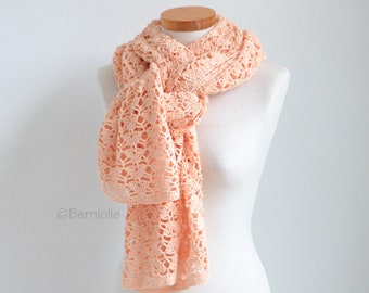Crochet shawl, rectangle, peach, lace scarf, peach lace wrap, READY TO SHIP, Z1112