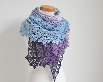 Lace crochet shawl, triangular, cotton scarf, ready to ship, gradient from blue to purple, A1135
