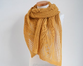 Knitted shawl, rectangle, lace knit shawl, knit scarf, golden yellow wrap, alpaca wrap, READY TO SHIP, Y982