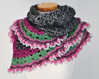 Crochet lace shawl, black with colorful ruffled trim, P445