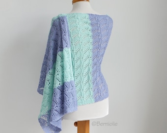 Knitted lace shawl, rectangle, blue and mint green striped shawl, lace scarf/shawl, wrap, summer shawl, cotton, READY TO SHIP, A1152